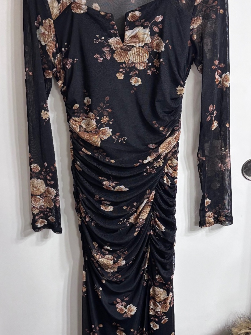 BCX Black Floral Mesh Ruched Bodycon Maxi Dress Long Sleeve Large